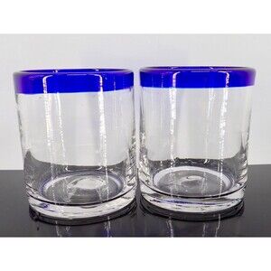 Cobalt Blue Hand Low Ball Drinking Glasses Set of 2 Hand Blown Heavy 4.5" Tall